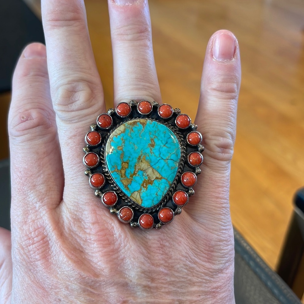 Huge teardrop silver and turquoise/coral ring!  This is about a size 8.